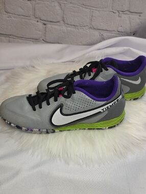Nike Gray Indoor Soccer Shoes with Purple Lining and Lime Accents